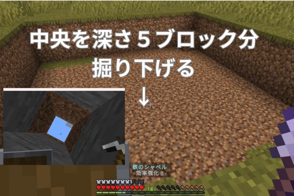 中央を深さ５ブロック分掘り下げる
