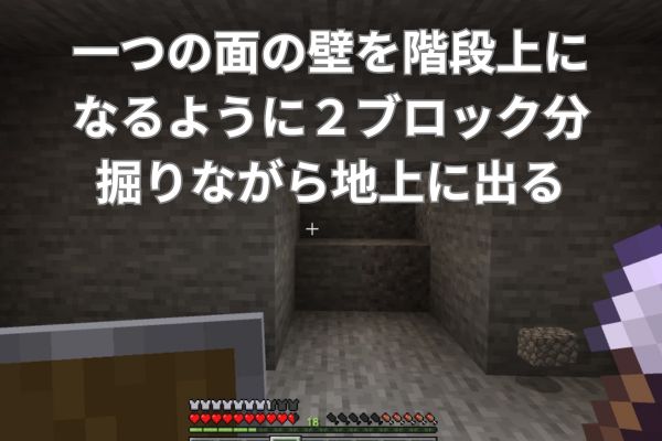 一つの面の壁を階段上になるように２ブロック分掘りながら地上に