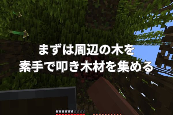 まずは周辺の木を素手で叩き木材を集める